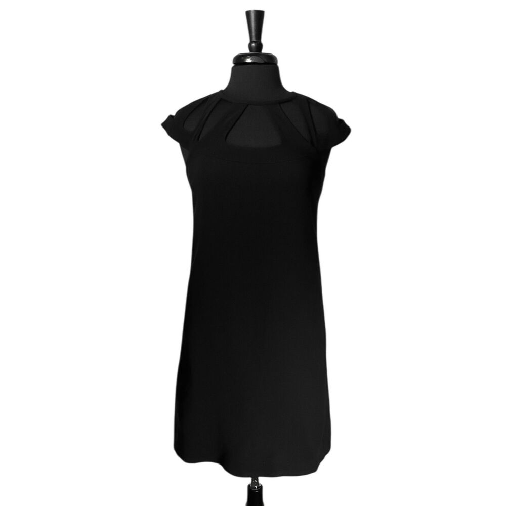 DVF Diane Von Furstenberg Dress 4 Black Shift Pleated Neck Minimalist Chic LBD